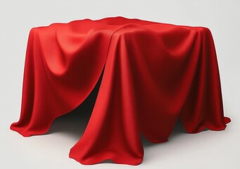 A smooth red fabric draped over an object creating soft folds and shadows against a plain light background, evoking curiosity and elegance
