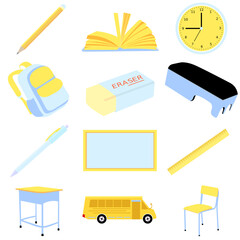 Set of Flat School Supplies and Classroom Equipment – Vector Illustration for Education Theme