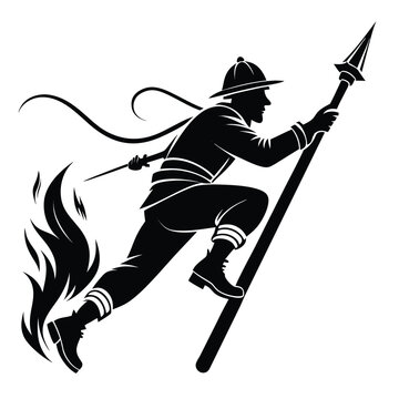 Courageous firefighter silhouetted with fire and spear depicting bravery and heroism