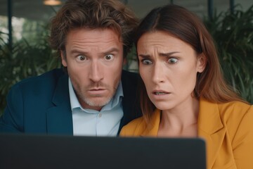 Startled expressions of two people, reacting to something they see on the laptop screen, highlighting the moment of shock. A powerful visual that captures the essence of surprise.