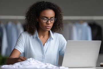A focused woman with glasses attentively working on a laptop, set in a fashion studio.