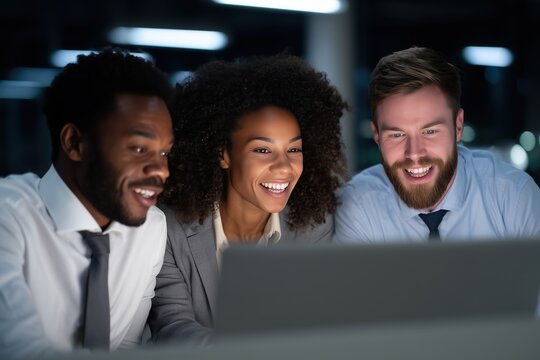 Three business professional watching laptop with focus and happiness during night in office.