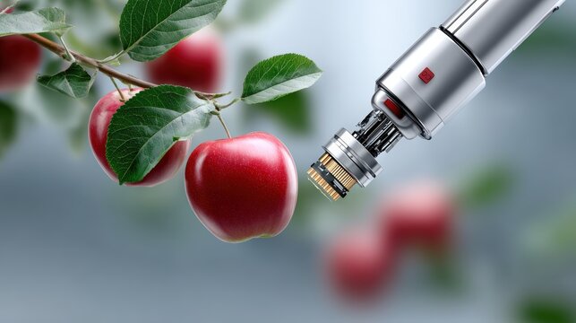 5G in agriculture, A robotic arm closely examines a ripe red apple hanging from a leafy branch, symbolizing technology in agriculture and precision farming.