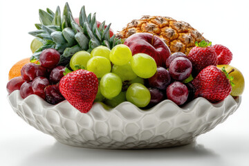  Modern fruit bowl centerpiece with mixed fruits in ceramic bowl on transparent background