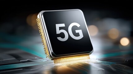 5G in agriculture, A close-up of a microchip with "5G" on it, symbolizing advanced wireless technology and fast connectivity on a futuristic circuit board.
