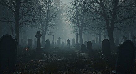 A figure walks through a foggy graveyard with many tombstones and trees in a dark and moody scene