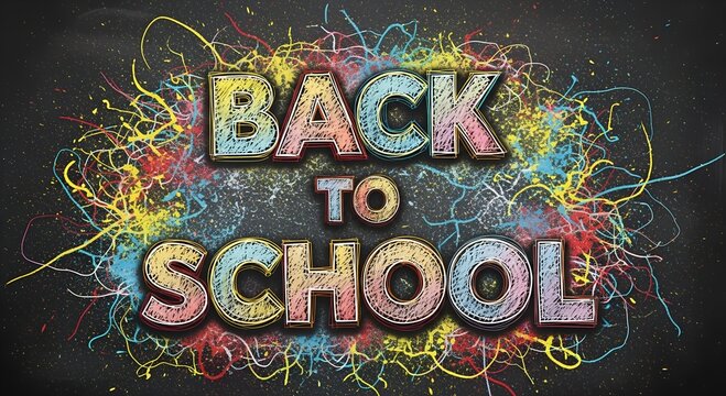 Back to school text on a chalkboard with colorful scribbles and chalk effect