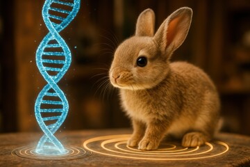 Baby rabbit with glowing DNA – Use for genetic engineering, biotechnology, or pet themes
