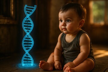Fantasy-like DNA strand with baby in laboratory setting for futuristic bioengineering and genetics