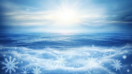 Winter ocean sunrise, snowflakes, serene