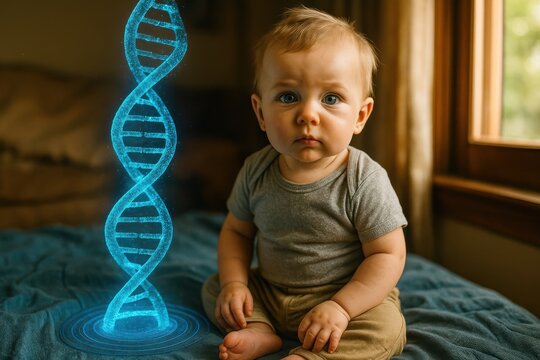 Abstract glowing DNA strand and baby in a futuristic lab for genetic research and innovation
 - Powered by Adobe