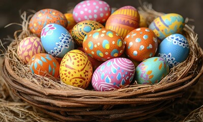 Fototapeta premium Basket filled with colorful hand-painted decorated eggs nestled in straw conveying festive and joyful mood