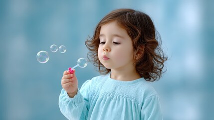 Mindfulness for children and art, A young child with curly hair in a blue dress blows delicate soap bubbles against a soft blue background.