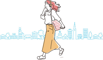 音楽を聴きながら歩く女性のラフな人物イラスト