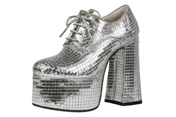 Silver platform shoes reflecting disco glamour, gleaming against transparent backdrop