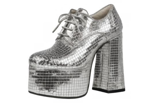 Silver platform shoes reflecting disco glamour, gleaming against transparent backdrop