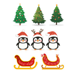 Christmas design elements santa, gift, tree, penguins, snow, sled. Vector illustration of set of isolated on plain background new year elements.
