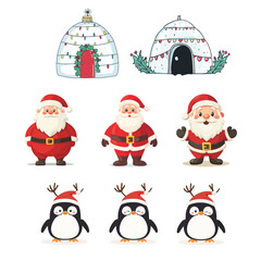 Christmas design elements santa, gift, tree, penguins, snow, sled. Vector illustration of set of isolated on plain background new year elements.