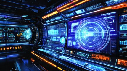 Futuristic Spaceship Bridge Control Room Interface