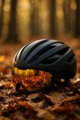 Fototapeta premium Futuristic black cycling helmet with golden reflective visor resting on autumn leaves in a forest, blending technology, safety, and style with nature in an atmospheric composition