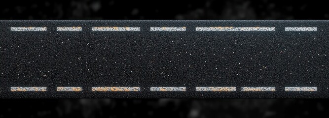 Close-up aerial view of an asphalt road with white dashed lane markings and worn orange paint, showing texture and small gravel on the surface