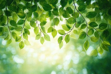 Close-up view of green leaves hanging from branches with soft sunlight and blurred green background creating a peaceful natural atmosphere