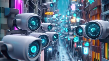 Futuristic city street, many surveillance cameras