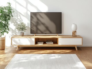 Minimalist modern living room setup featuring a flat-screen TV on a wooden and white media console with books, plants, and soft natural sunlight casting shadows on a white wall and rug