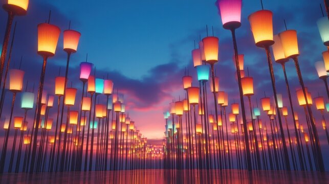 Colorful lanterns line a path at sunset