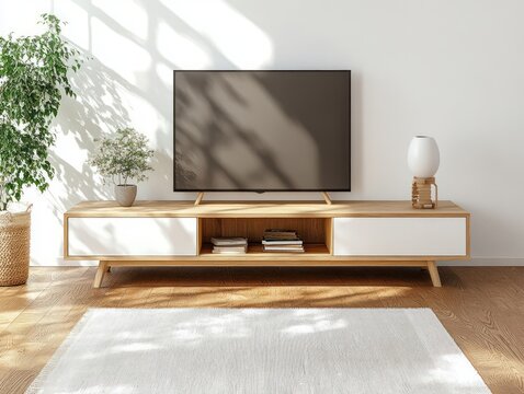 Minimalist modern living room setup featuring a flat-screen TV on a wooden and white media console with books, plants, and soft natural sunlight casting shadows on a white wall and rug
