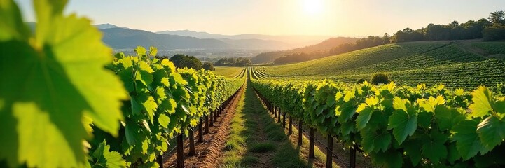 Naklejka premium Sun-Drenched Hillside Vineyard Ready for Harvest Lush Green Grapevines Stretching Across Rolling Hills, Perfect for Wine Country Marketing