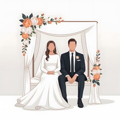Elegant Couple Portrait Illustration with Floral Accents in Soft Pastel Colors and Minimalist Style