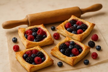 Delicious Berry Puff Pastries with Rolling Pin on Beige Surface Ready to be Enjoyed