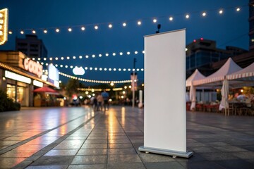 Ultra-realistic roll-up banner mockup at vibrant night market with neon lights, soft bokeh, ambient glow, dark twilight background, perfect for nightlife, concert, event branding.

