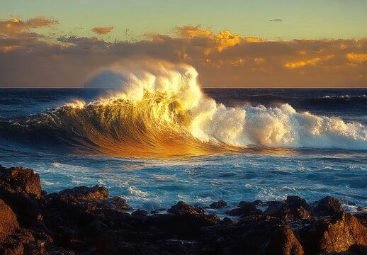 Golden sunlight illuminating a powerful ocean wave crashing against dark rocky shore under a cloudy sky during sunset