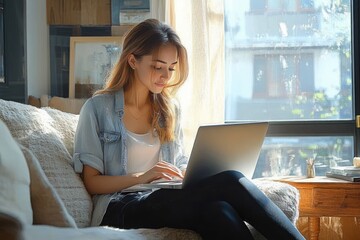 Young woman sitting on a cozy sofa by a sunlit window working on a laptop with focused expression in a bright room