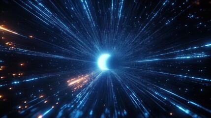 Naklejka premium Bright glowing orb emitting radiant blue and orange light rays in a dark space, creating a dynamic futuristic energy burst effect