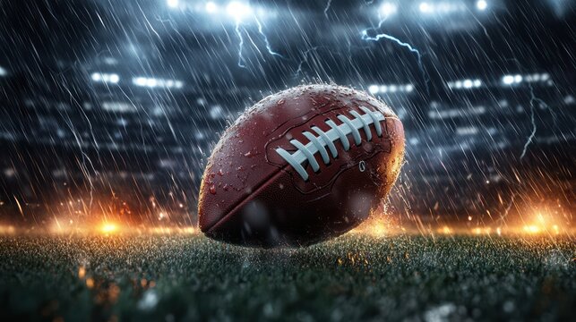 Close-up of a wet American football on grass field during a heavy rainstorm with lightning and bright stadium lights in the background, evoking intense and dynamic atmosphere