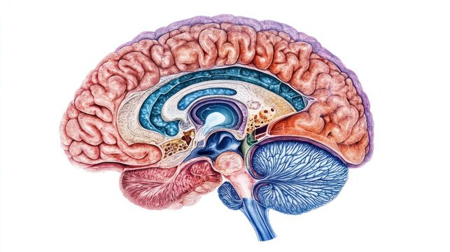 Colorful anatomical illustration of the human brain, depicting its interior layers