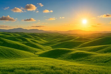 Obraz premium Golden sunlight illuminates rolling green hills under a vibrant blue sky with scattered clouds, capturing the serene beauty of nature and perfect scenery for calming backgrounds