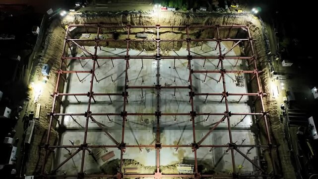 Aerial shot red framework in construction site excavation at night