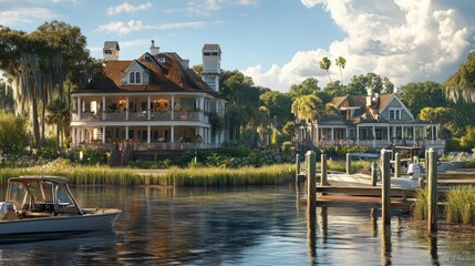 Waterfront Homes With Boats Docked Near Lush Greenery