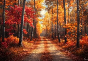 Obraz premium Sunlit forest pathway surrounded by tall trees with vibrant red, orange, and yellow autumn leaves under a bright sky creating a warm, peaceful atmosphere