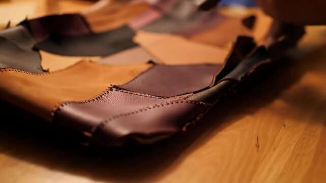 Stitched leather patchwork creation on a wooden surface, held by hands