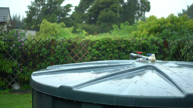 Rainwater harvesting tank lid covered in water droplets, greenery behind