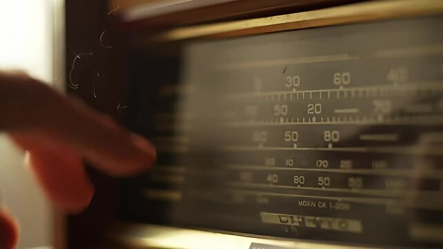 Hand tuning dial on classic radio, shallow focus, warm lighting