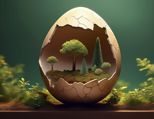Miniature world inside a cracked egg, trees growing out