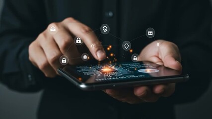 Mobile Security: Man Interacts with Security Icons on Smartphone Displaying a Circuit Board - Powered by Adobe