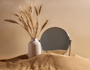 Minimalist mirror and sand still life with dry plants
