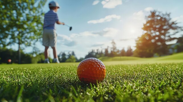 Family Vacation Golf Trip Concept, Parents teaching child golf etiquette, 3D fun learning atmosphere